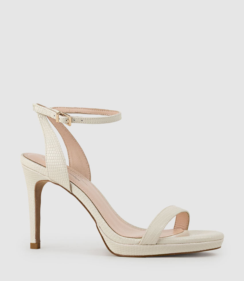 WHISPER90 Single Strap Platform Sandal in Offwhite Tejus Lizard Print - Edward Meller
