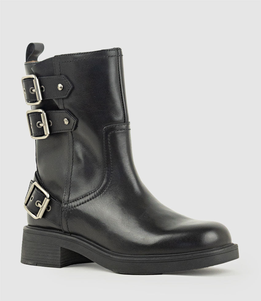 WHITLEY Ankle Boot with Three Buckles in Black Calf - Edward Meller