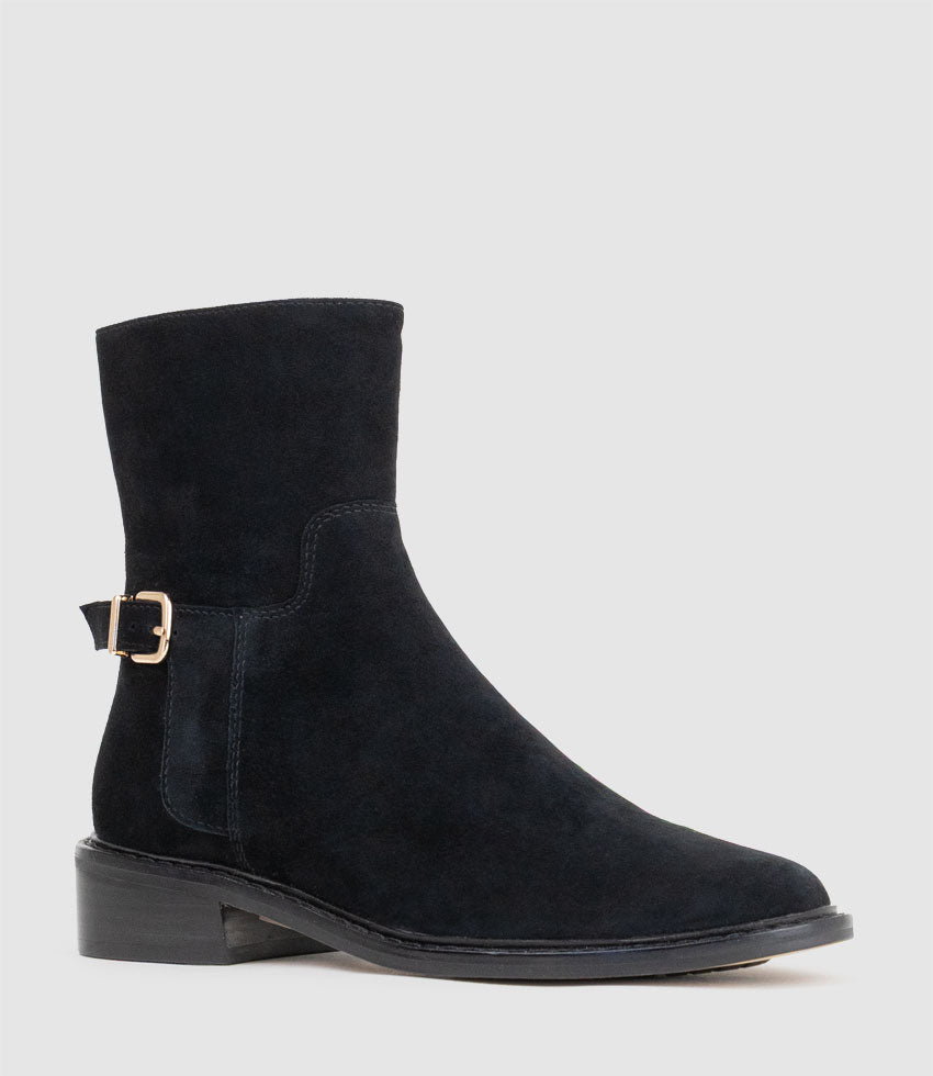 WOAD30 Block Heel Ankle Boot in Black Suede - Edward Meller
