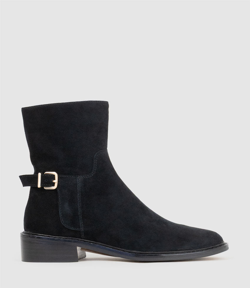 WOAD30 Block Heel Ankle Boot in Black Suede - Edward Meller