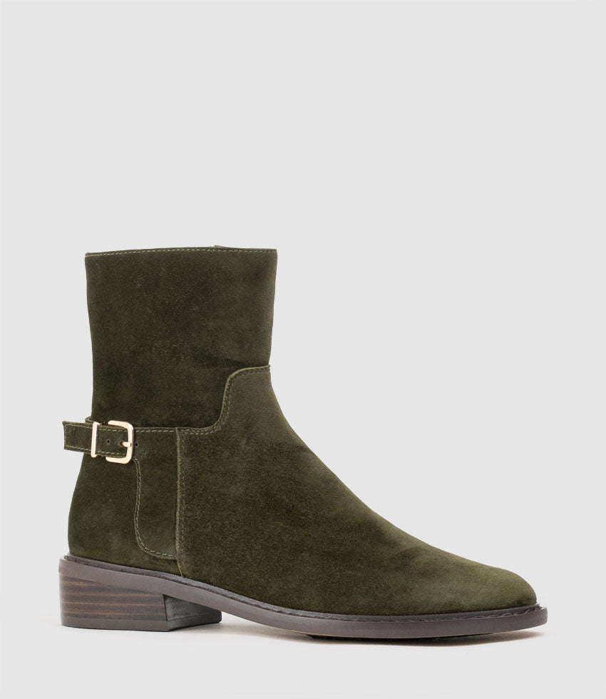 WOAD30 Block Heel Ankle Boot in Olive Suede - Edward Meller