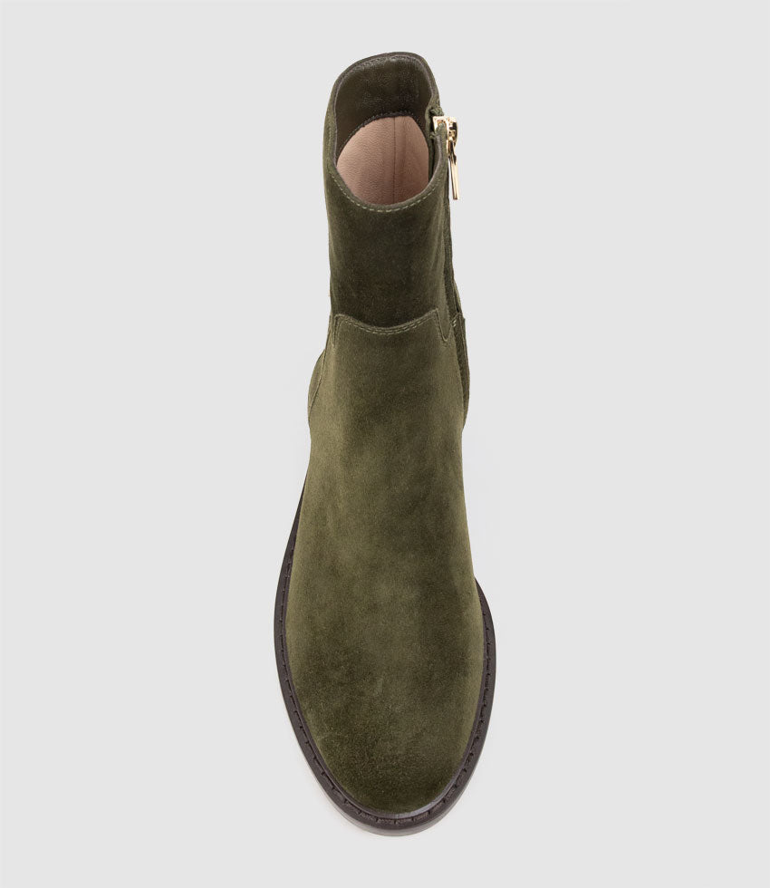 WOAD30 Block Heel Ankle Boot in Olive Suede - Edward Meller