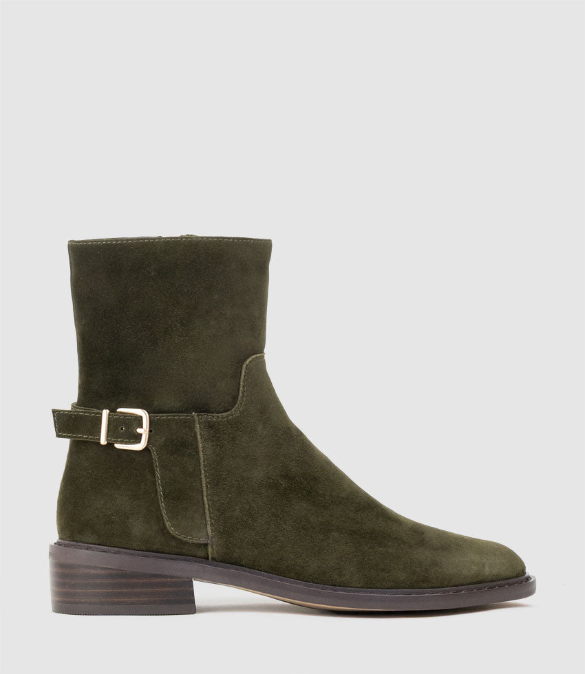 WOAD30 Block Heel Ankle Boot in Olive Suede - Edward Meller