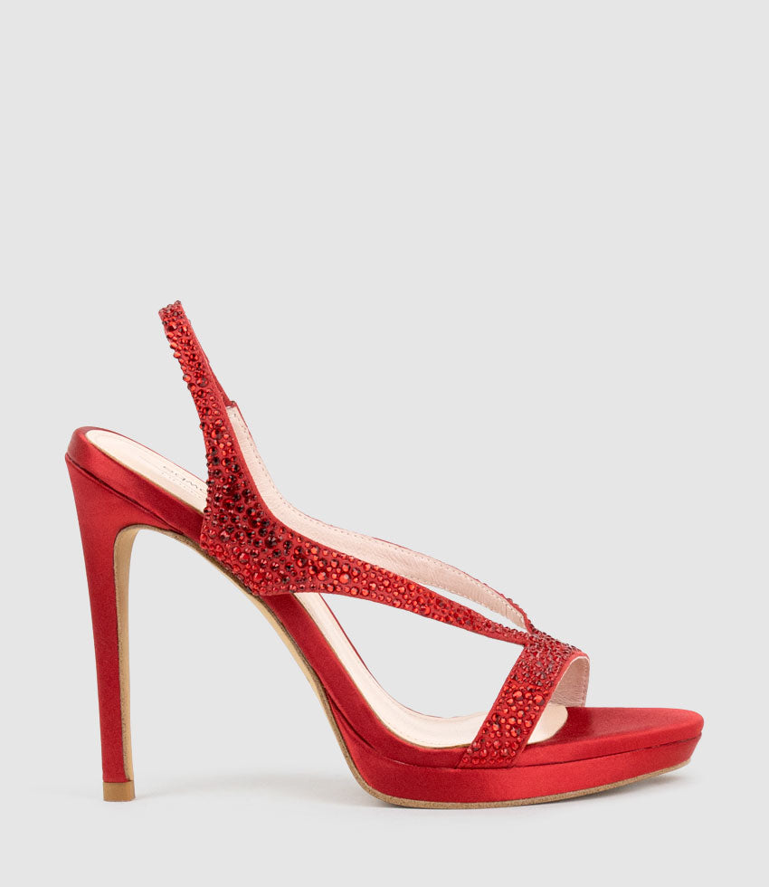 WONDER110 Jewelled Platform Sandal in Red Satin - Edward Meller
