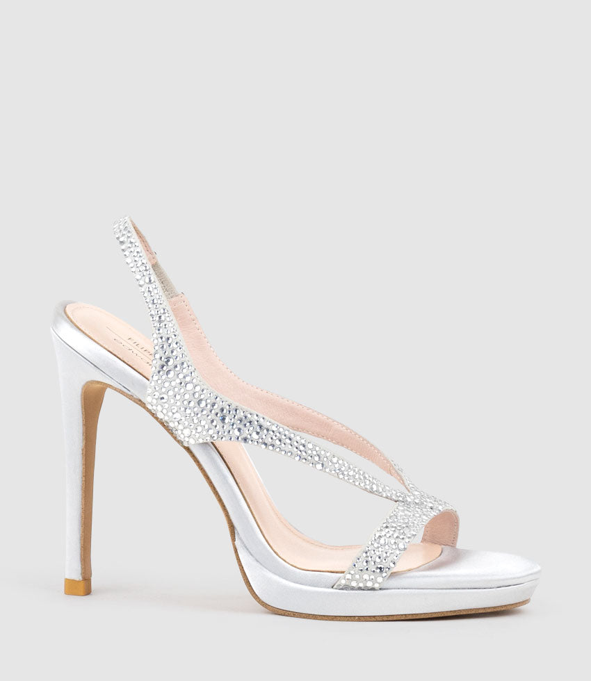 WONDER110 Jewelled Platform Sandal in Silver Satin - Edward Meller