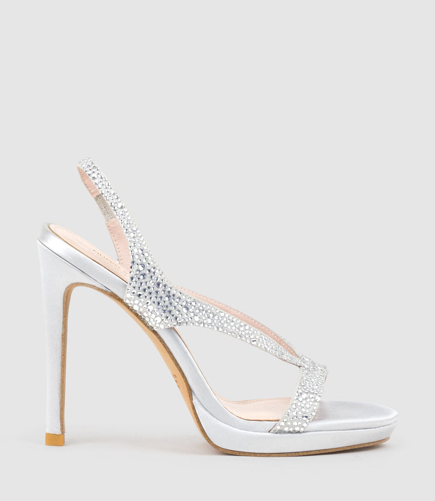WONDER110 Jewelled Platform Sandal in Silver Satin - Edward Meller