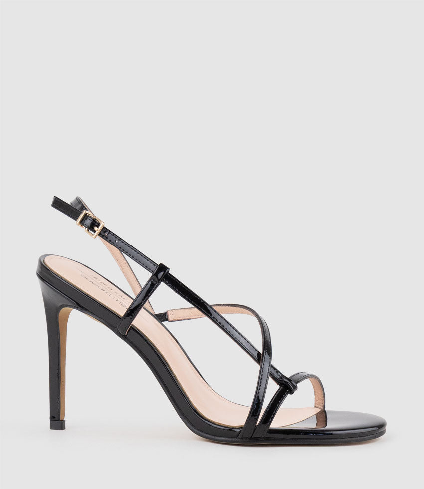 WRAITH100 Asymmetrical Strappy Sandal in Black Patent