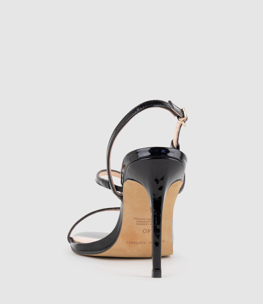WRAITH100 Asymmetrical Strappy Sandal in Black Patent