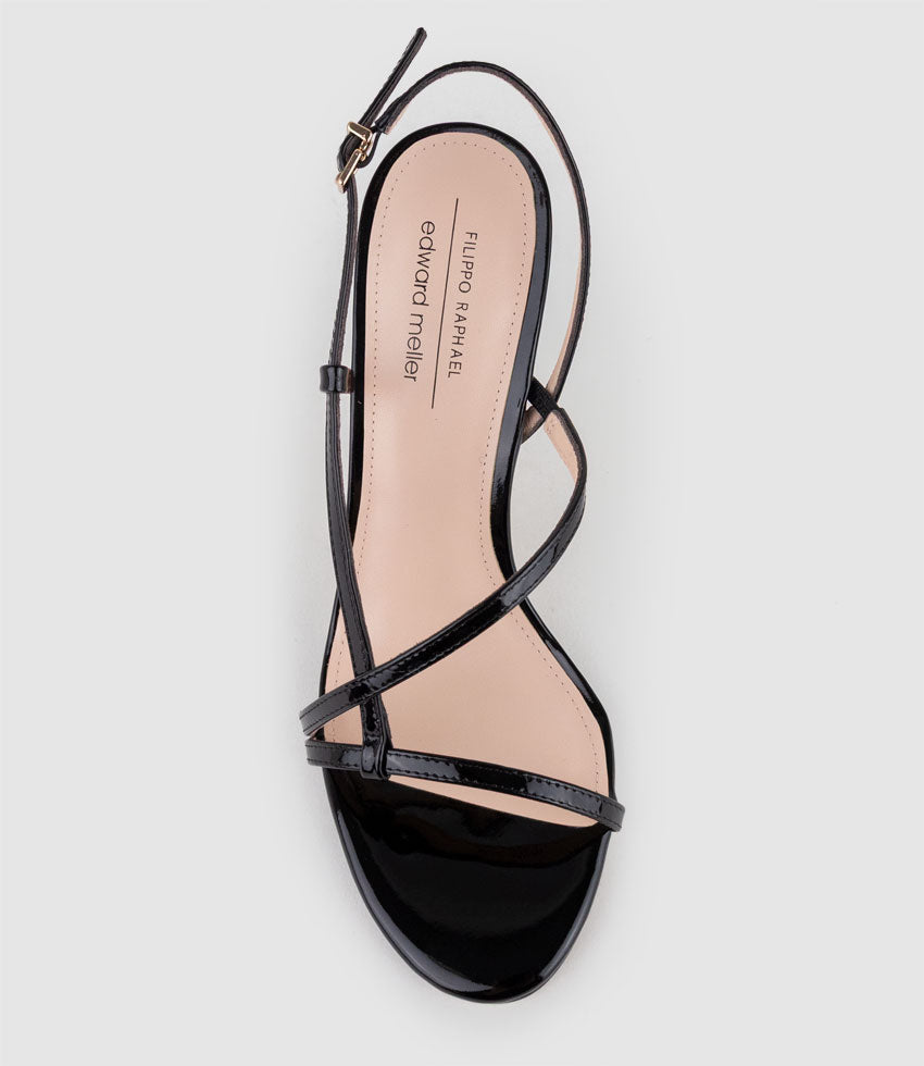 WRAITH100 Asymmetrical Strappy Sandal in Black Patent