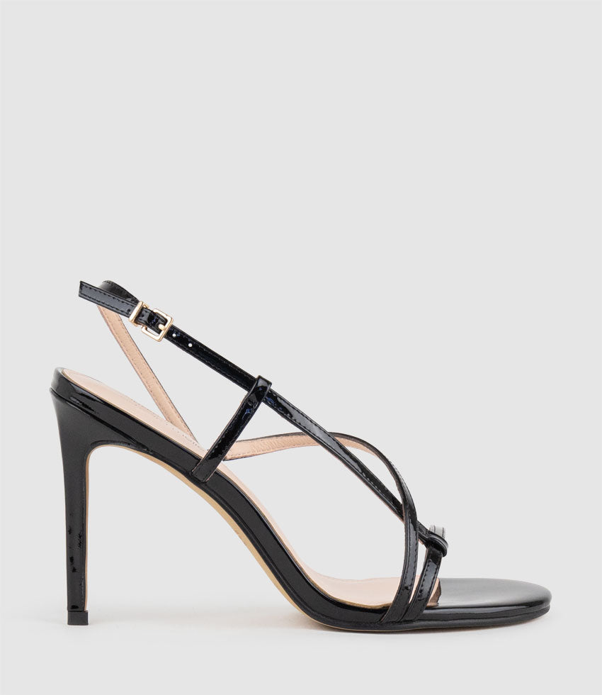 WRAITH100 Asymmetrical Strappy Sandal in Black Patent
