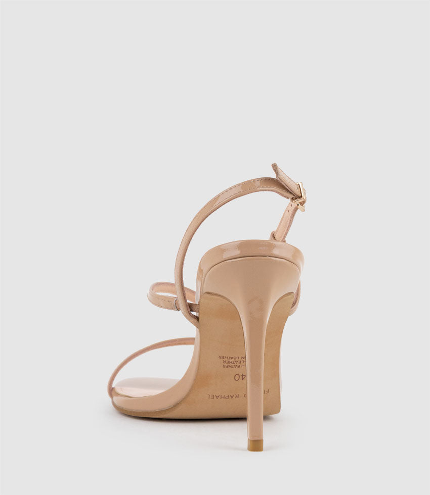 WRAITH100 Asymmetrical Strappy Sandal in Nude Patent
