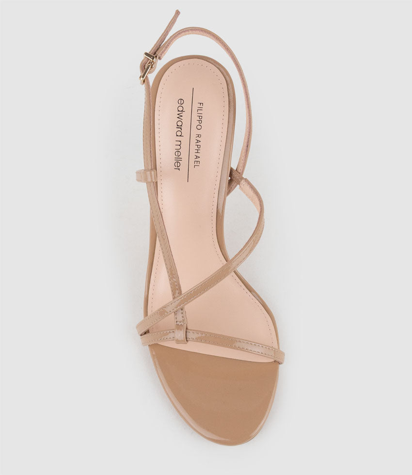 WRAITH100 Asymmetrical Strappy Sandal in Nude Patent