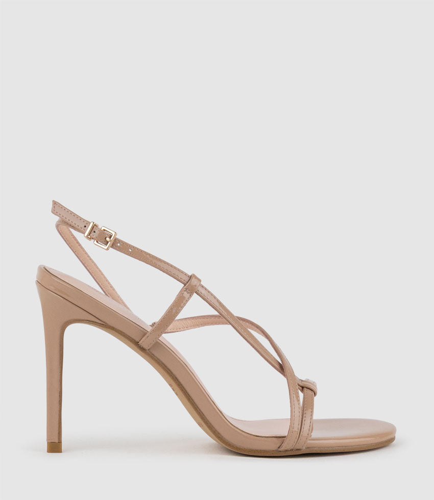WRAITH100 Asymmetrical Strappy Sandal in Nude Patent
