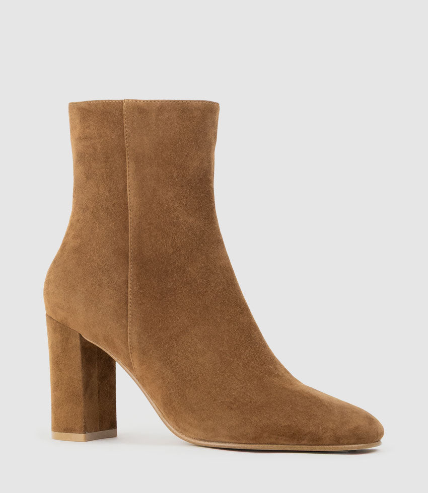 XADIA85 Block Heel Ankle Boot in Tan Suede - Edward Meller