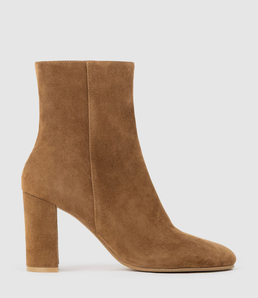 XADIA85 Block Heel Ankle Boot in Tan Suede - Edward Meller
