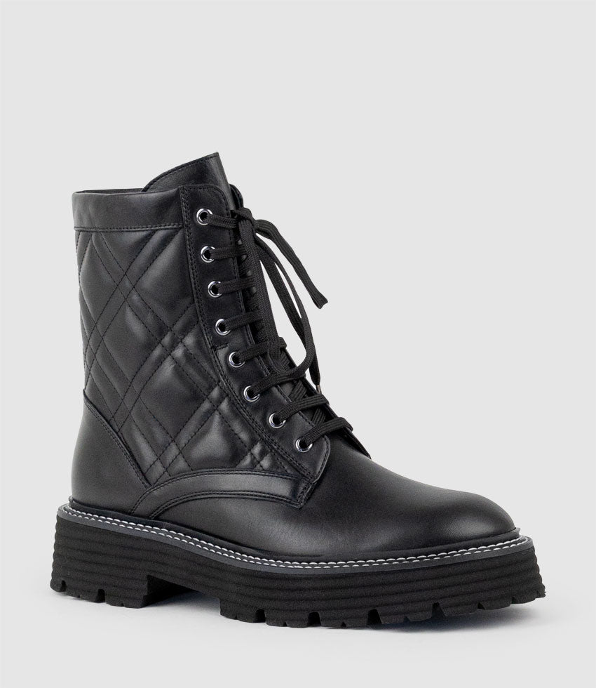 YASMIN Quilted Lace Up Boot in Black - Edward Meller