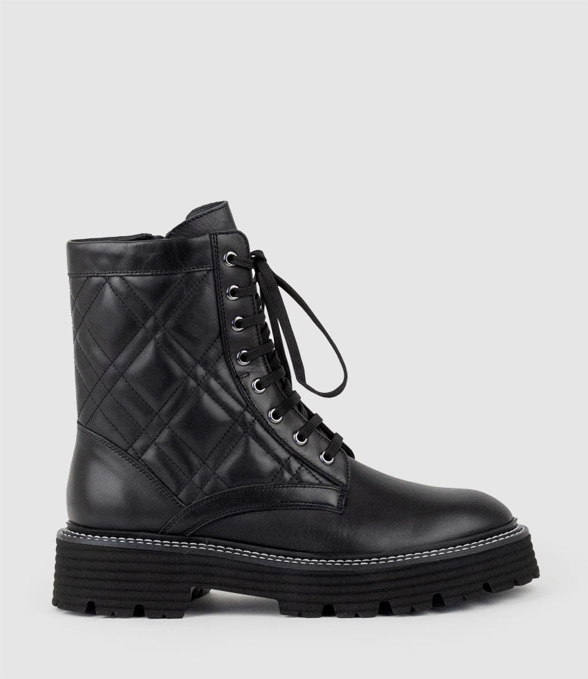 YASMIN Quilted Lace Up Boot in Black - Edward Meller