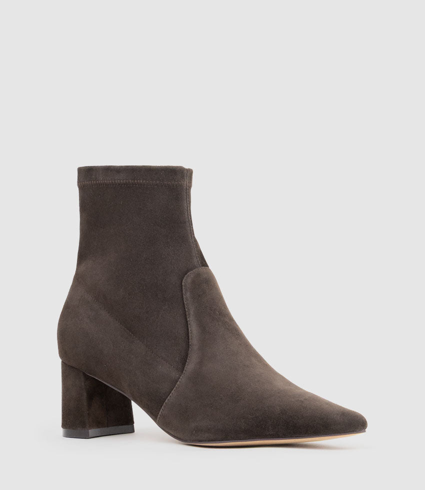 ZADINE55 Block Heel Sock Boot in Chocolate Suede - Edward Meller