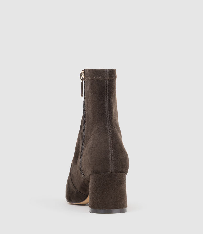 ZADINE55 Block Heel Sock Boot in Chocolate Suede - Edward Meller