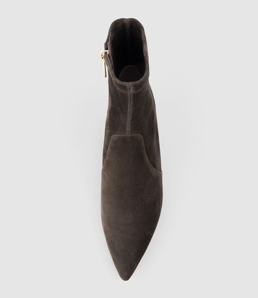 ZADINE55 Block Heel Sock Boot in Chocolate Suede - Edward Meller