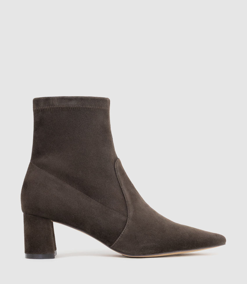 ZADINE55 Block Heel Sock Boot in Chocolate Suede - Edward Meller