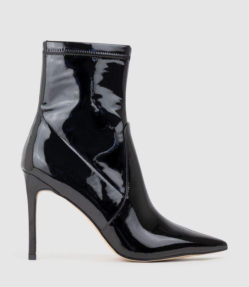 ZAHIR100 Stiletto Sock Boot in Black Patent - Edward Meller
