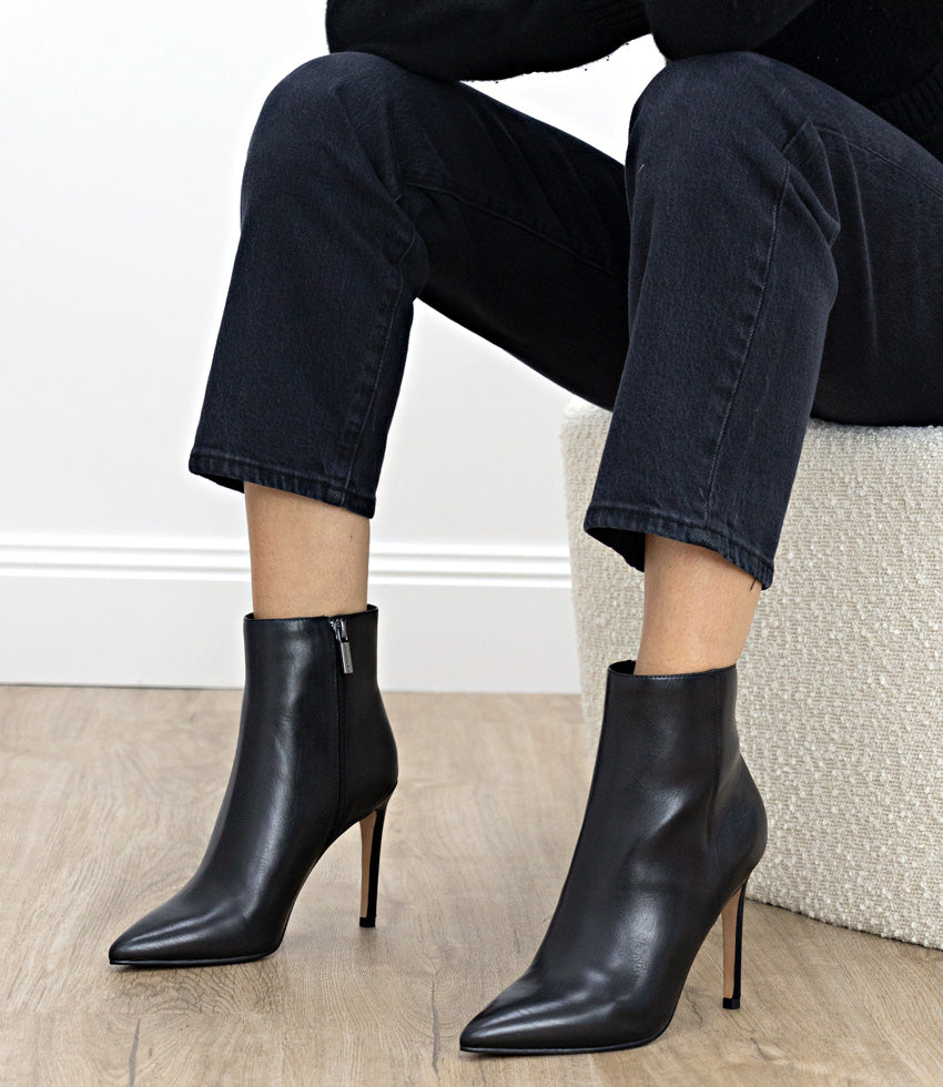 ZELIA100 Stiletto Ankle Boot in Black Baby Calf - Edward Meller