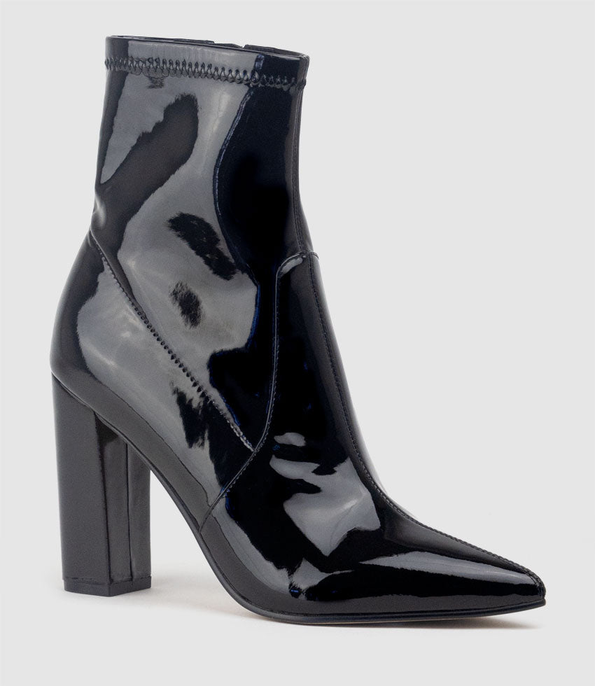 ZENYA100 Block Heel Sock Boot in Black Patent - Edward Meller