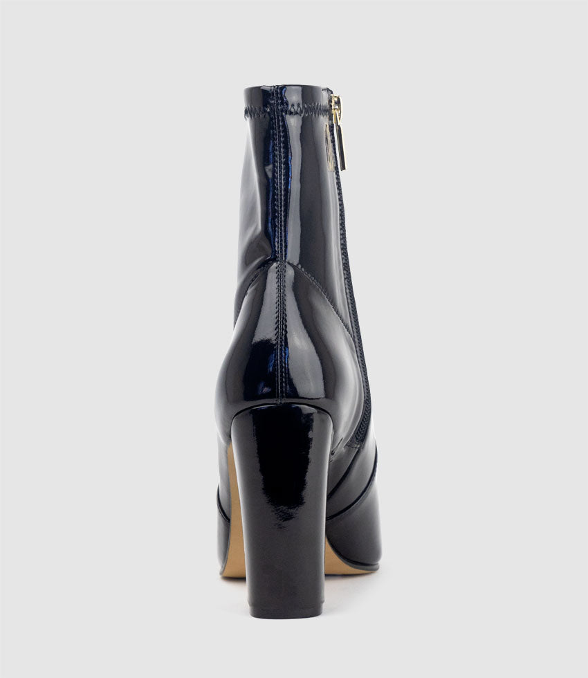 ZENYA100 Block Heel Sock Boot in Black Patent - Edward Meller