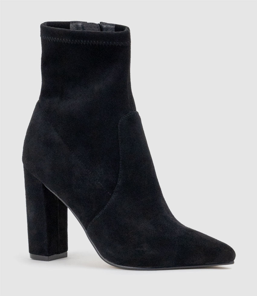 ZENYA100 Block Heel Sock Boot in Black Suede - Edward Meller