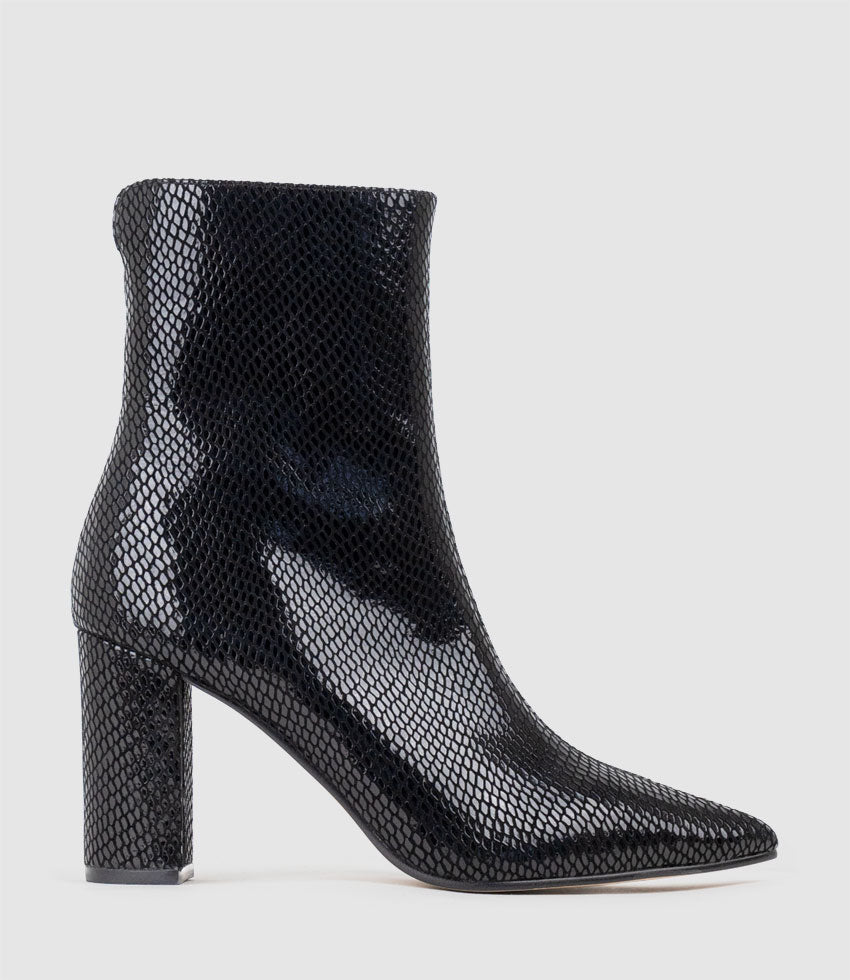 ZIARA85 Block Heel Ankle Boot in Black Snake Print Suede - Edward Meller