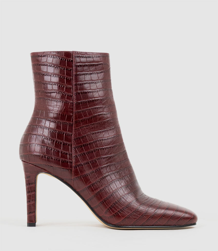 ZORN85 Square Toe Ankle Boot in Bordeaux Croc - Edward Meller