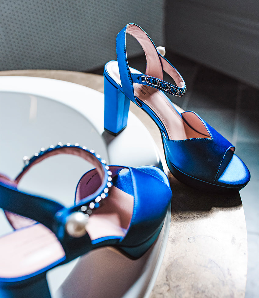 REGAN100 Platform Sandal with Chain in Cobalt Satin - Edward Meller