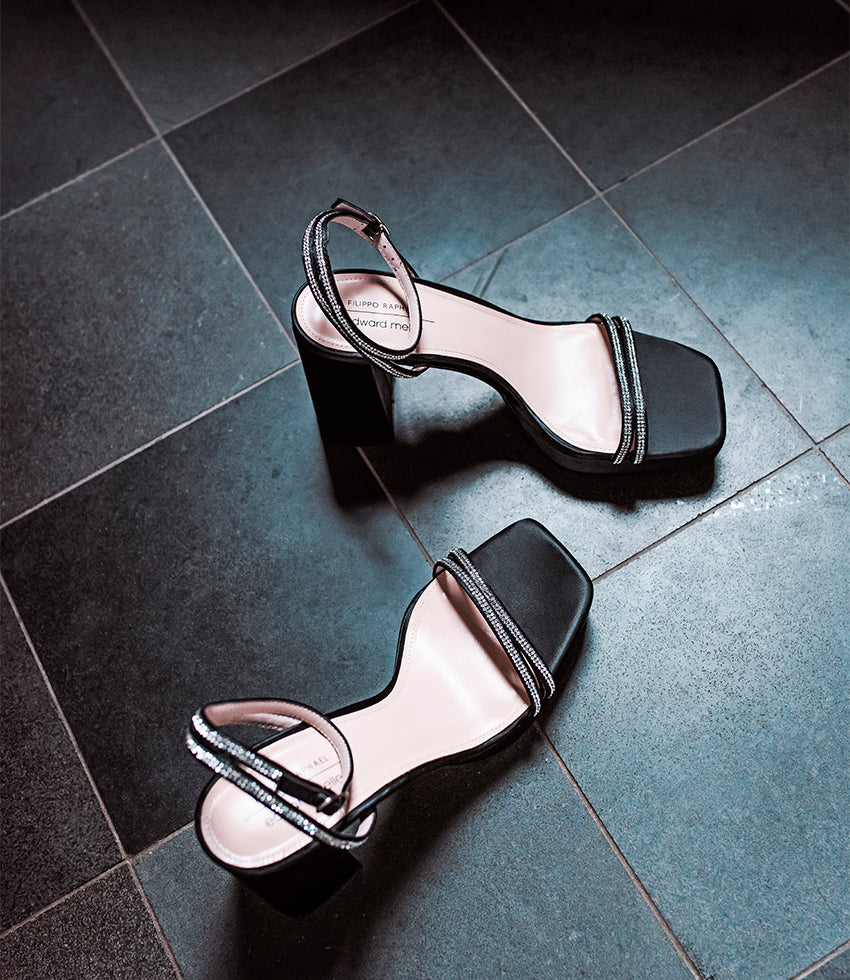 RASSO95 Platform Sandal with Diamante Straps in Black Satin - Edward Meller