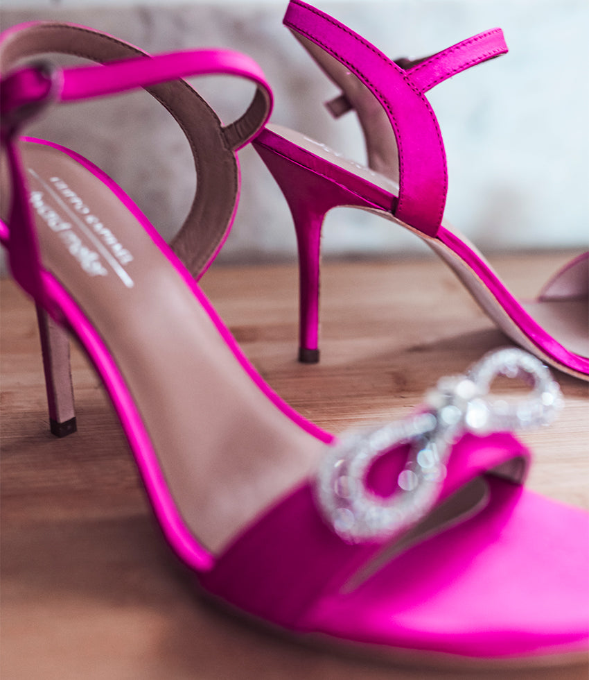 SERENE100 Sandal with Crystal Bow in Hot Pink Satin - Edward Meller