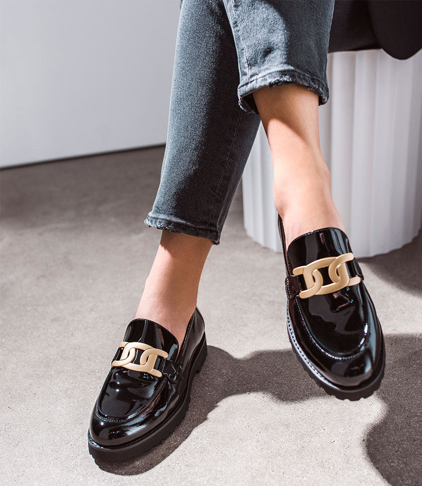 GALAD Moccasin with Hardware in Black Patent - Edward Meller