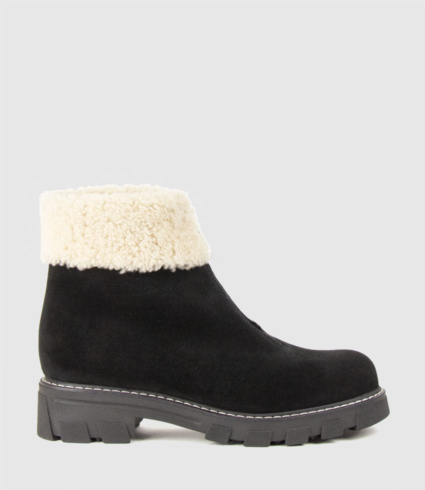 ABBAN Front Zip Boot with Shearling in Black Suede - Edward Meller