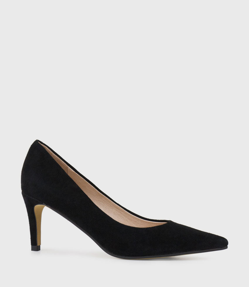 ADRIA 75mm Pointed Toe Pump in Black Suede - Edward Meller