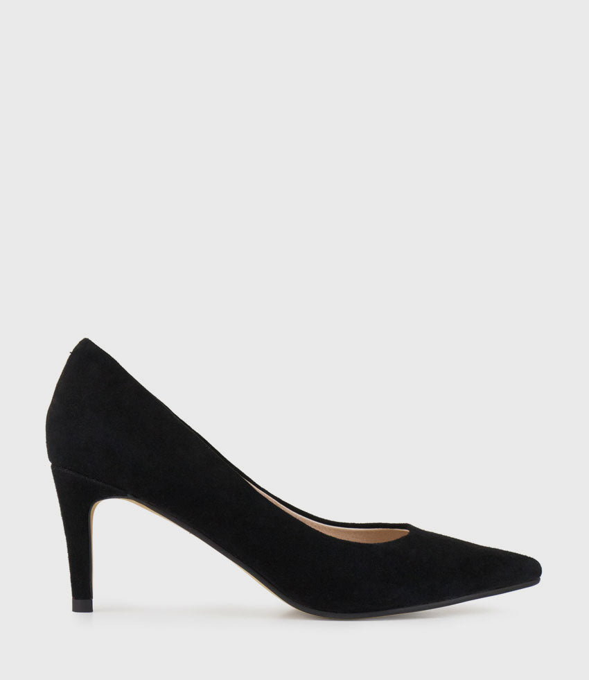 ADRIA 75mm Pointed Toe Pump in Black Suede - Edward Meller