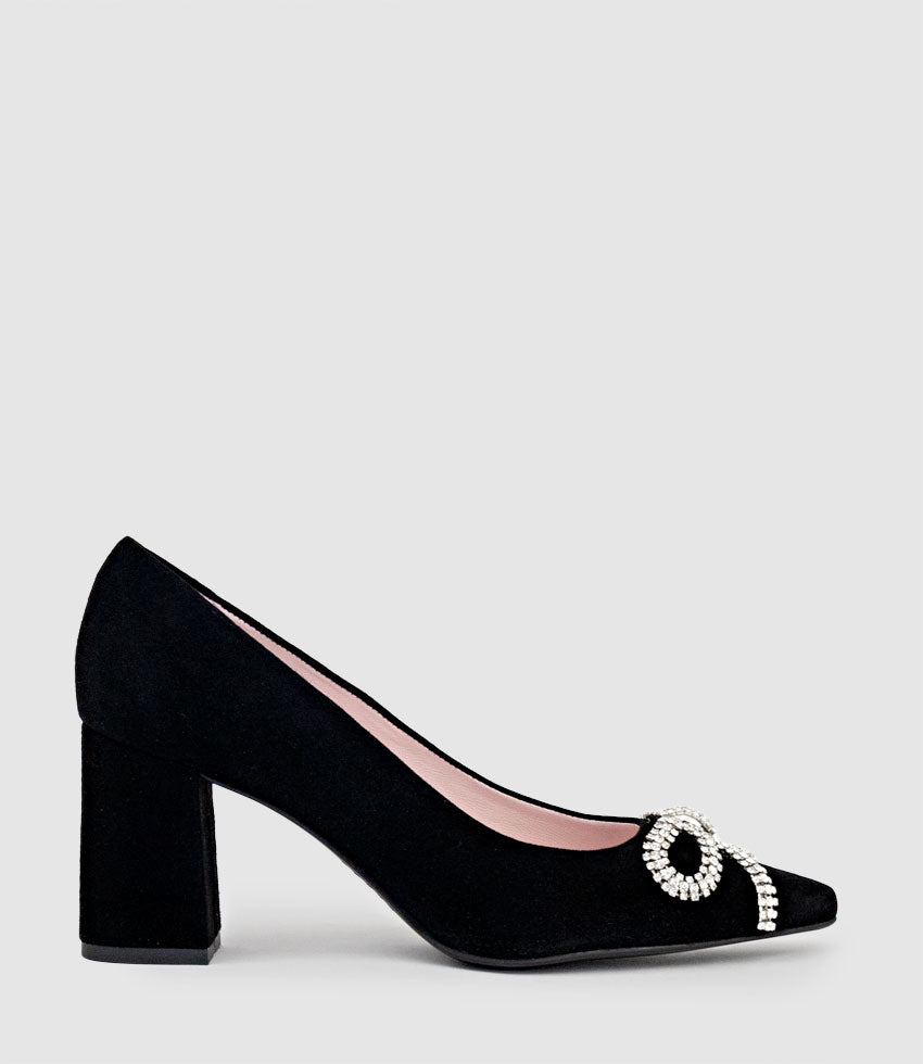 ALESSA70 Pump with Crystal Bow in Black Suede - Edward Meller