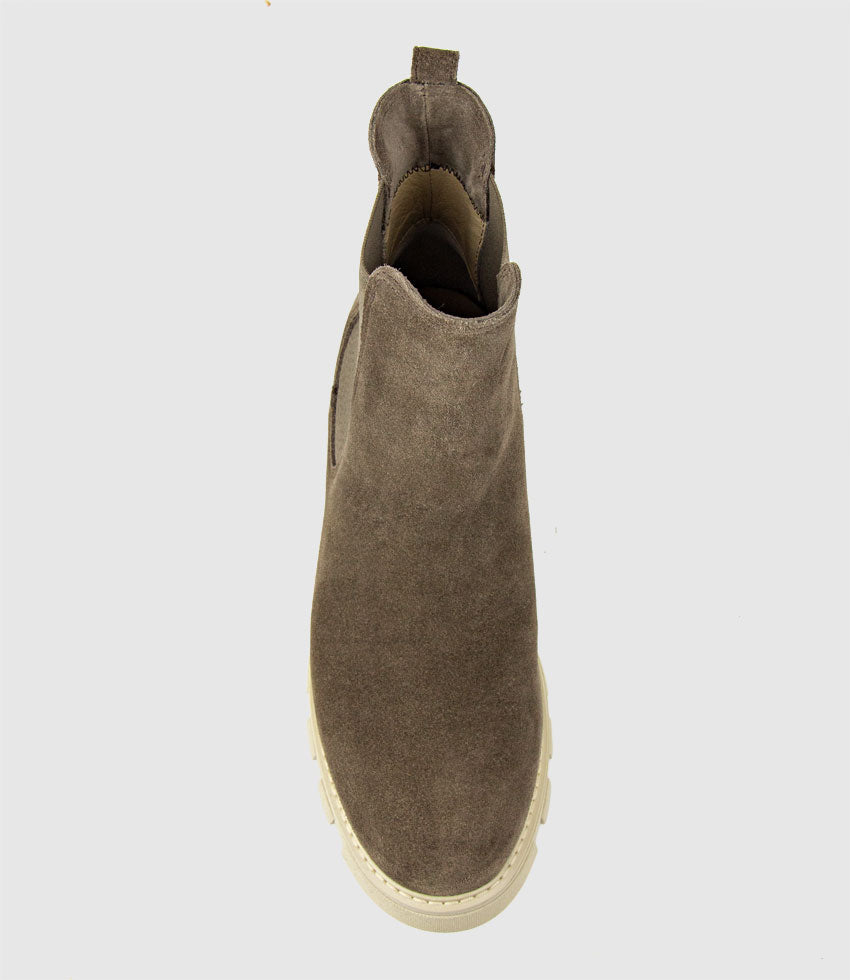 ASHLEY Chelsea Boot on Lug Sole in Stone Suede - Edward Meller