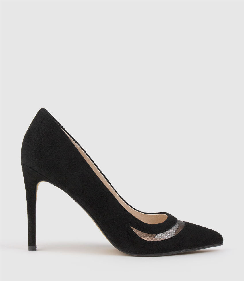 AVERY100 Pump with Mesh Detail in Black Suede - Edward Meller