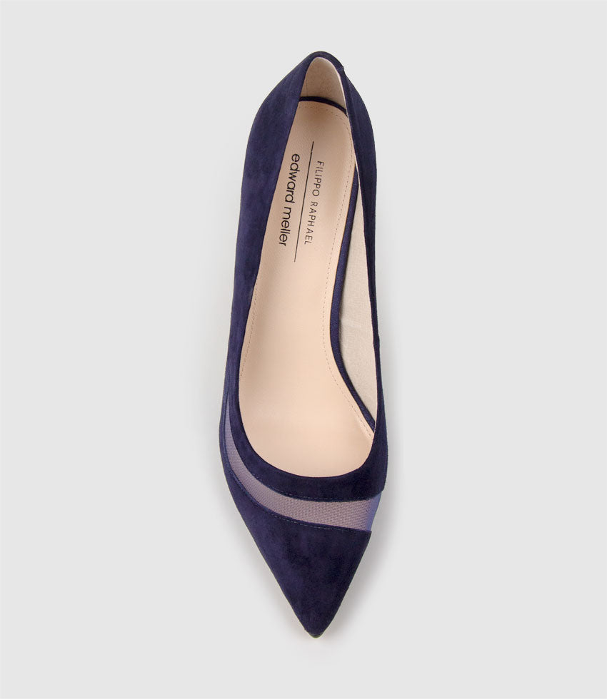AVERY100 Pump with Mesh Detail in Navy Suede - Edward Meller