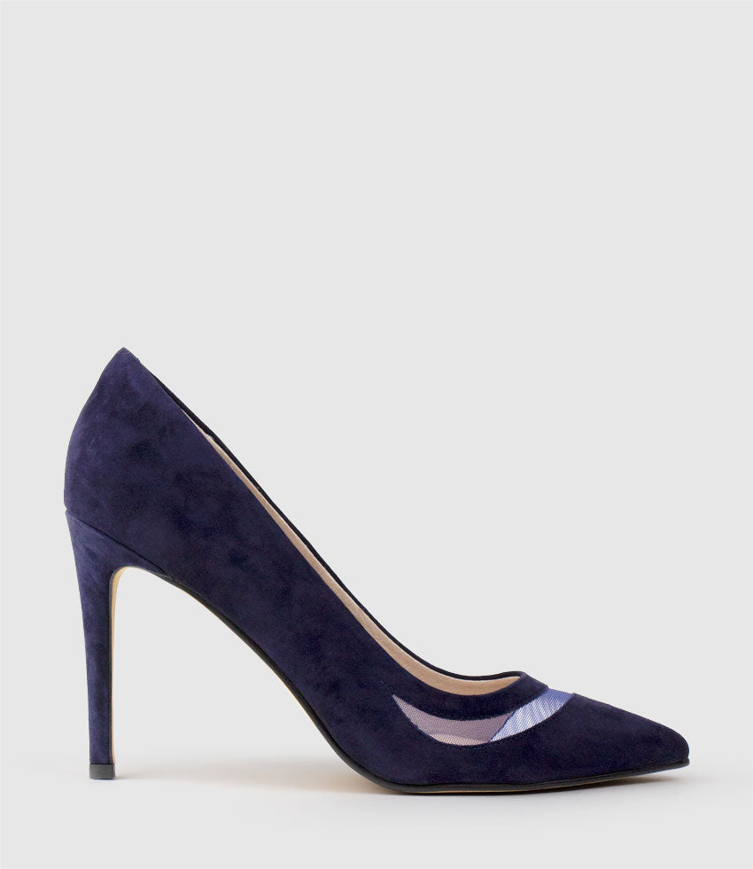 AVERY100 Pump with Mesh Detail in Navy Suede - Edward Meller