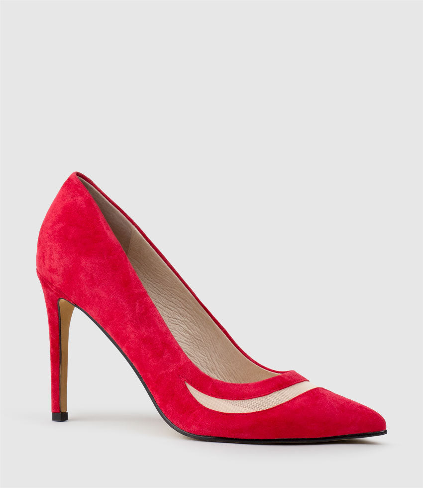 AVERY100 Pump with Mesh Detail in Red Suede - Edward Meller