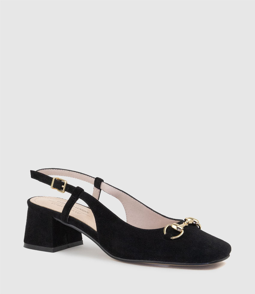 CLEMENTINE45 Closed Toe Sling with Hardware in Black Suede - Edward Meller