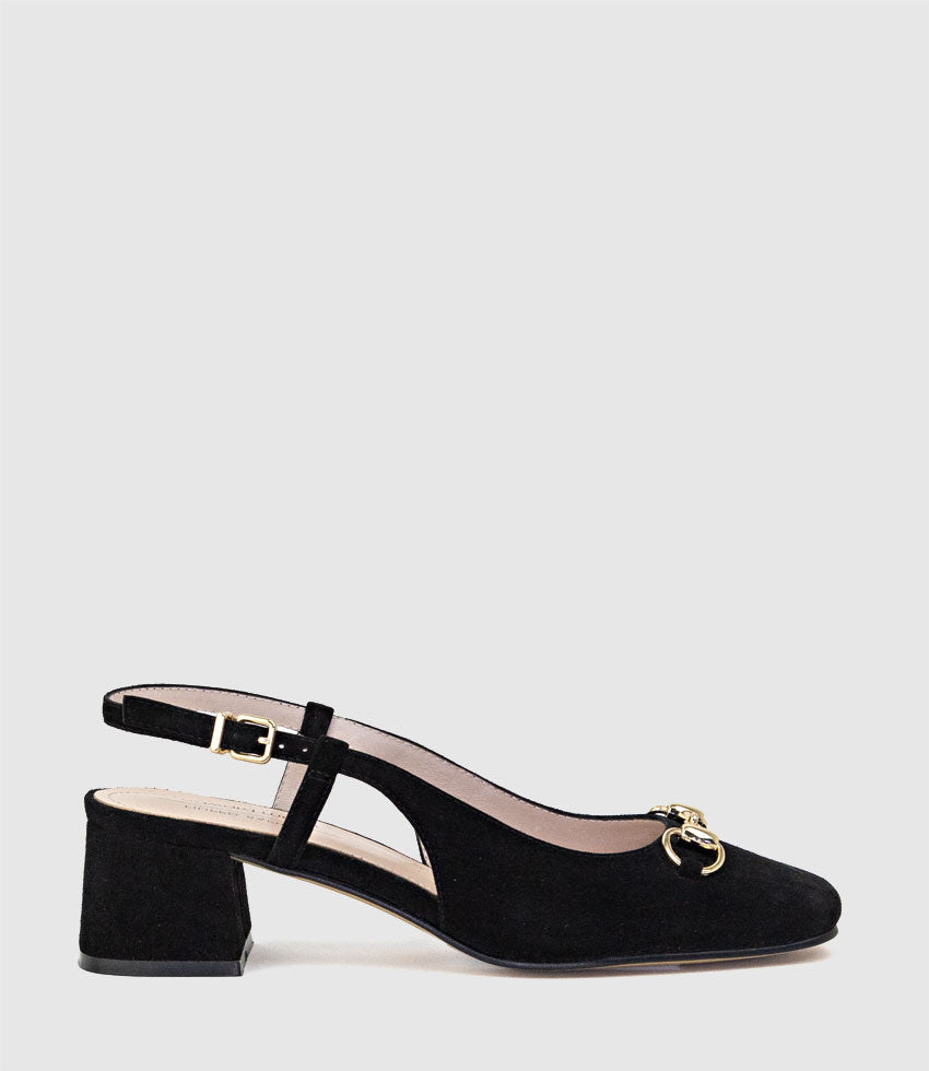CLEMENTINE45 Closed Toe Sling with Hardware in Black Suede - Edward Meller
