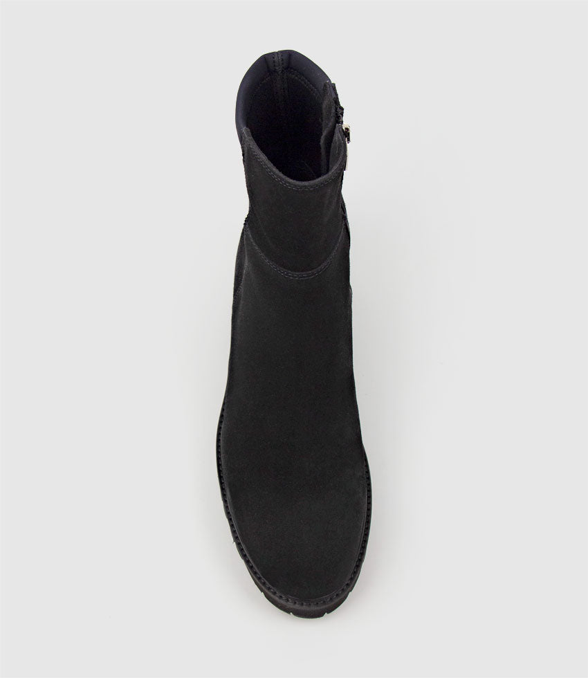 COLETTE Ankle Boot with Micro Stretch Back in Black Suede - Edward Meller
