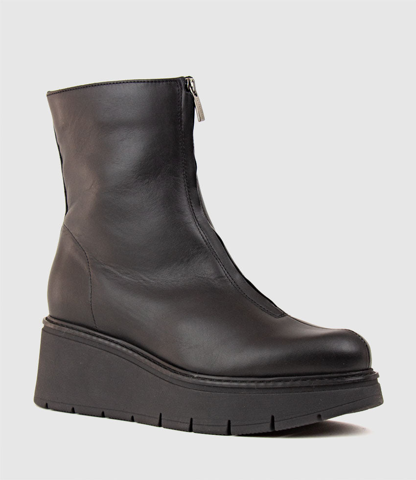 GALE Front Zip Boot on Wedge in Black - Edward Meller