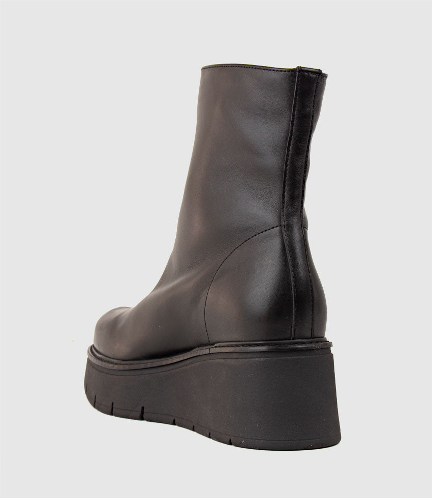 GALE Front Zip Boot on Wedge in Black - Edward Meller